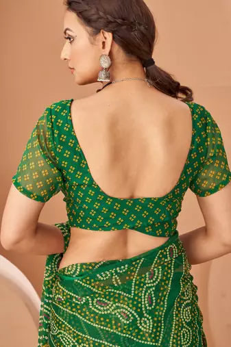 Green bandhani print soft chiffon traditional saree with unstitch blouse