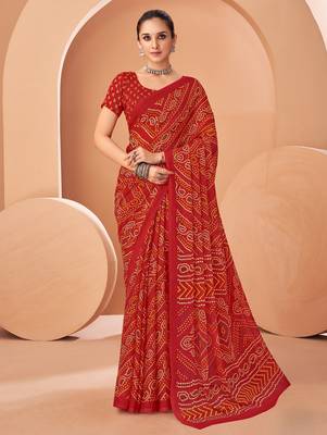 Red bandhani print soft chiffon traditional saree with unstitch blouse 1