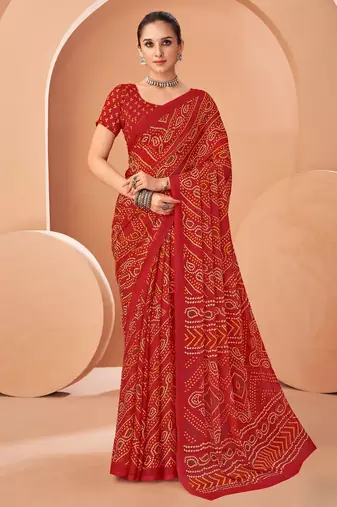 Red bandhani print soft chiffon traditional saree with unstitch blouse