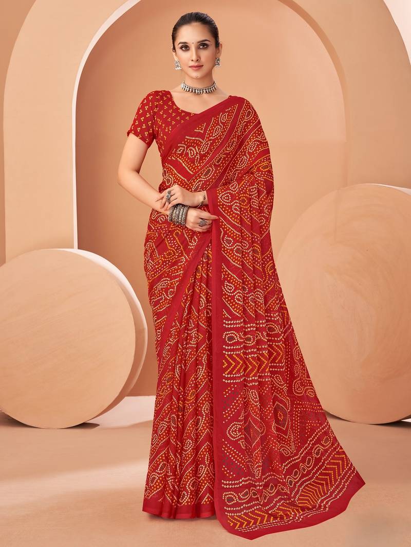 Red bandhani print soft chiffon traditional saree with unstitch blouse