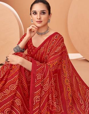 Red bandhani print soft chiffon traditional saree with unstitch blouse 2