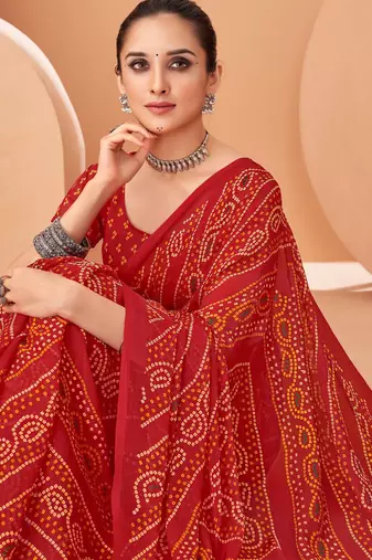Red bandhani print soft chiffon traditional saree with unstitch blouse
