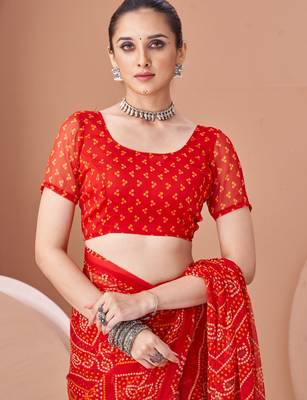 Red bandhani print soft chiffon traditional saree with unstitch blouse 3