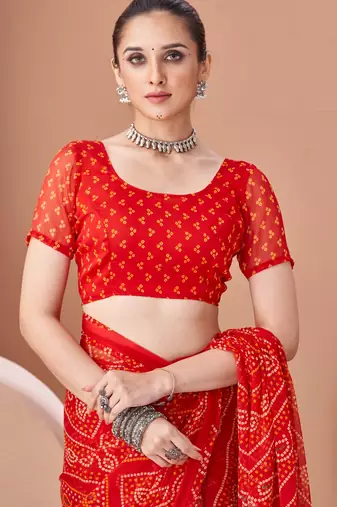 Red bandhani print soft chiffon traditional saree with unstitch blouse