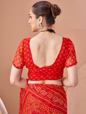 Red bandhani print soft chiffon traditional saree with unstitch blouse 4