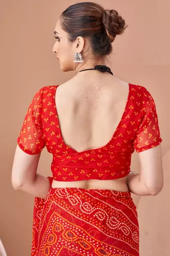 Red bandhani print soft chiffon traditional saree with unstitch blouse