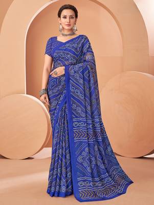Royal blue bandhani print soft chiffon traditional saree with unstitch blouse 1