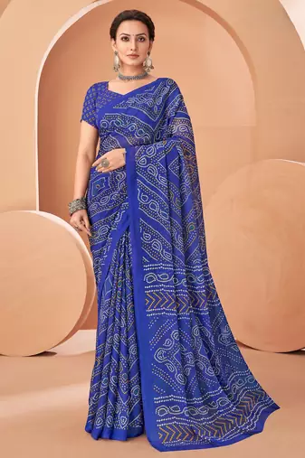 Royal blue bandhani print soft chiffon traditional saree with unstitch blouse