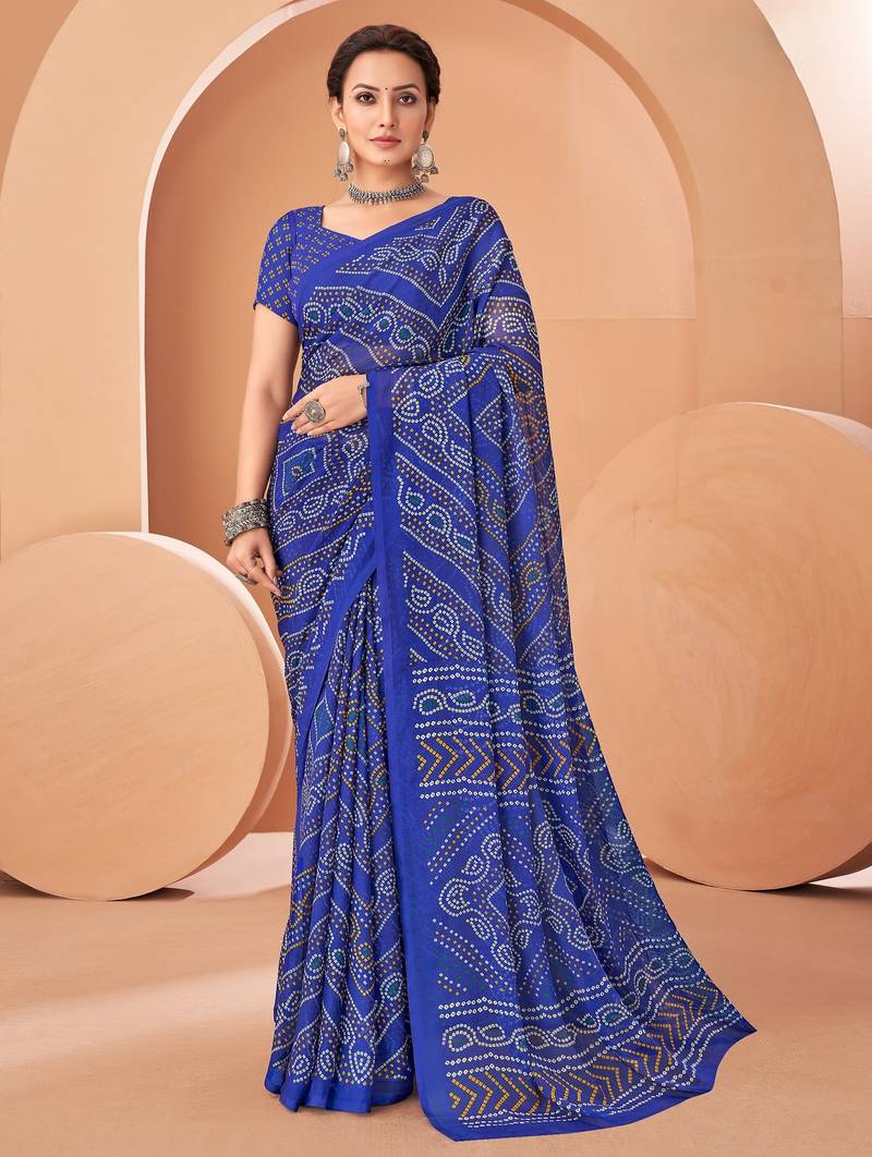 Royal blue bandhani print soft chiffon traditional saree with unstitch blouse