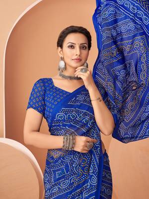 Royal blue bandhani print soft chiffon traditional saree with unstitch blouse 2