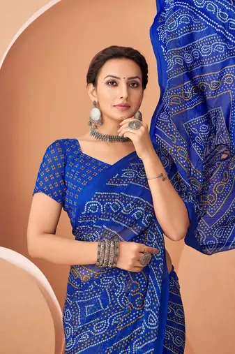 Royal blue bandhani print soft chiffon traditional saree with unstitch blouse