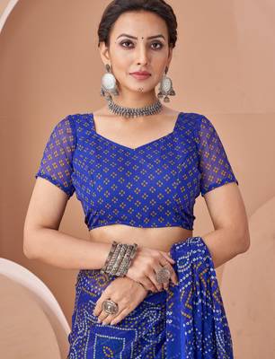 Royal blue bandhani print soft chiffon traditional saree with unstitch blouse 3