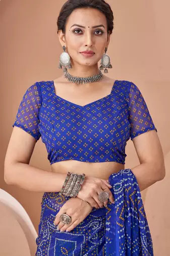 Royal blue bandhani print soft chiffon traditional saree with unstitch blouse