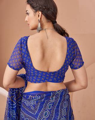 Royal blue bandhani print soft chiffon traditional saree with unstitch blouse 4