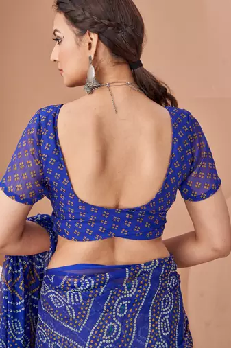 Royal blue bandhani print soft chiffon traditional saree with unstitch blouse