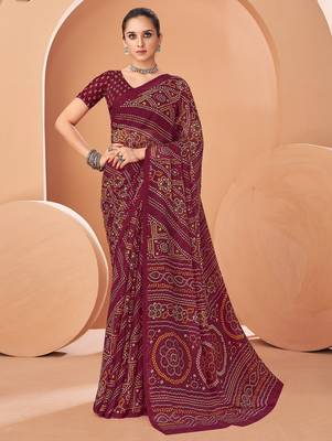 Wine bandhani print soft chiffon traditional saree with unstitch blouse 1