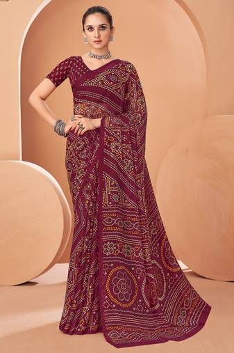 Wine bandhani print soft chiffon traditional saree with unstitch blouse