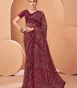 Wine bandhani print soft chiffon traditional saree with unstitch blouse