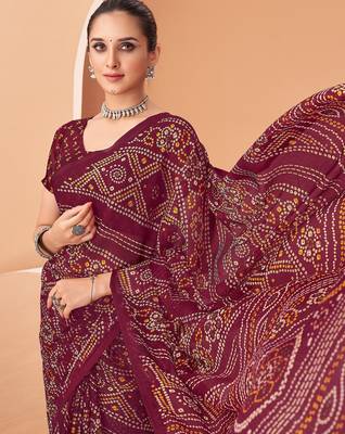 Wine bandhani print soft chiffon traditional saree with unstitch blouse 2