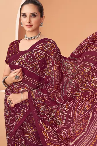 Wine bandhani print soft chiffon traditional saree with unstitch blouse