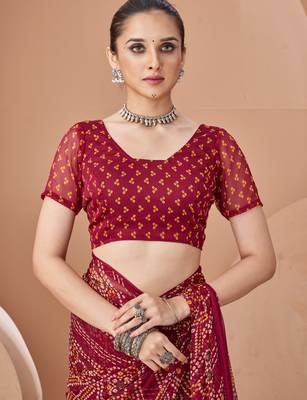 Wine bandhani print soft chiffon traditional saree with unstitch blouse 3