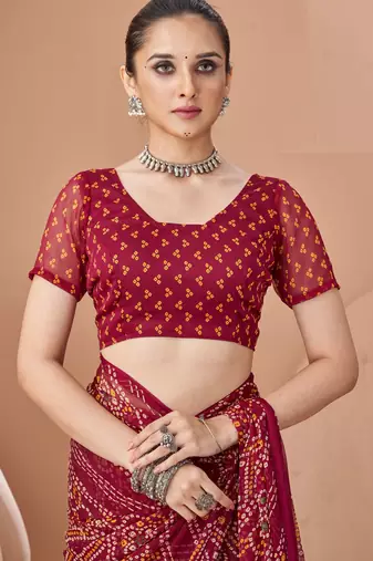 Wine bandhani print soft chiffon traditional saree with unstitch blouse