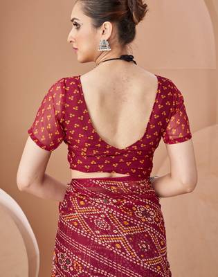 Wine bandhani print soft chiffon traditional saree with unstitch blouse 4