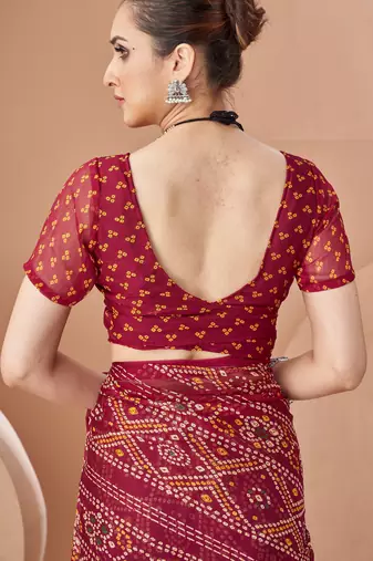 Wine bandhani print soft chiffon traditional saree with unstitch blouse