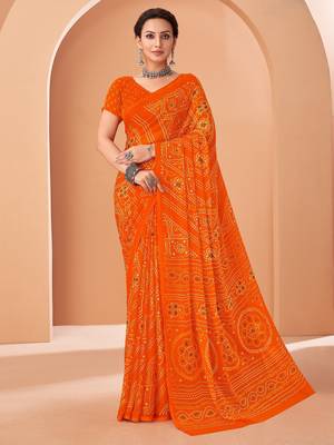 Orange bandhani print soft chiffon traditional saree with unstitch blouse 1