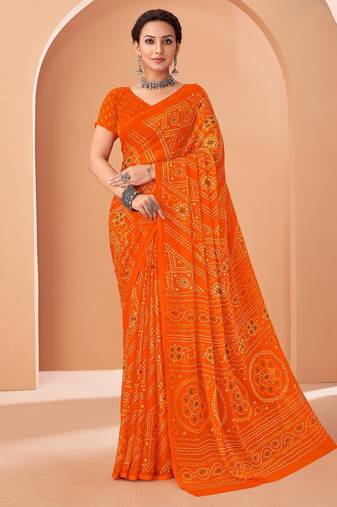 Orange bandhani print soft chiffon traditional saree with unstitch blouse