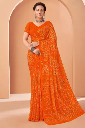 Orange bandhani print soft chiffon traditional saree with unstitch blouse
