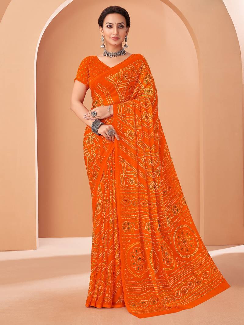 Orange bandhani print soft chiffon traditional saree with unstitch blouse