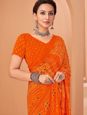 Orange bandhani print soft chiffon traditional saree with unstitch blouse 2