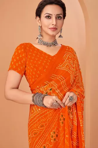 Orange bandhani print soft chiffon traditional saree with unstitch blouse