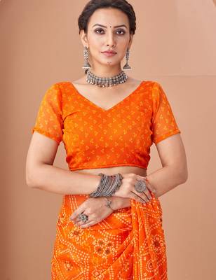 Orange bandhani print soft chiffon traditional saree with unstitch blouse 3