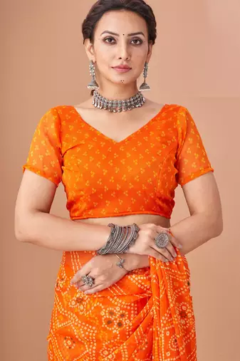 Orange bandhani print soft chiffon traditional saree with unstitch blouse
