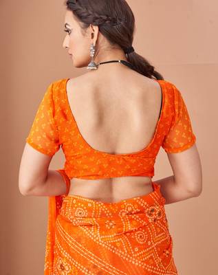 Orange bandhani print soft chiffon traditional saree with unstitch blouse 4