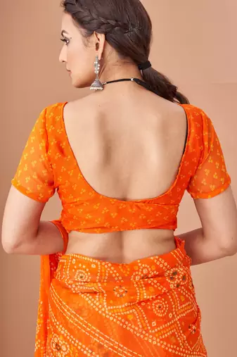 Orange bandhani print soft chiffon traditional saree with unstitch blouse