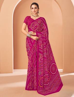 Pink bandhani print soft chiffon traditional saree with unstitch blouse 1
