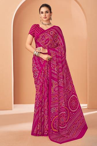 Pink bandhani print soft chiffon traditional saree with unstitch blouse