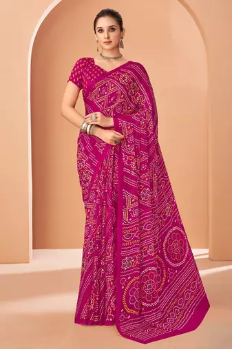 Pink bandhani print soft chiffon traditional saree with unstitch blouse