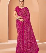 Pink bandhani print soft chiffon traditional saree with unstitch blouse