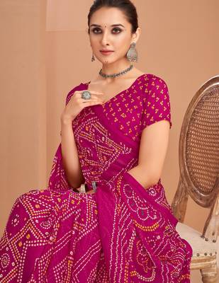 Pink bandhani print soft chiffon traditional saree with unstitch blouse 2