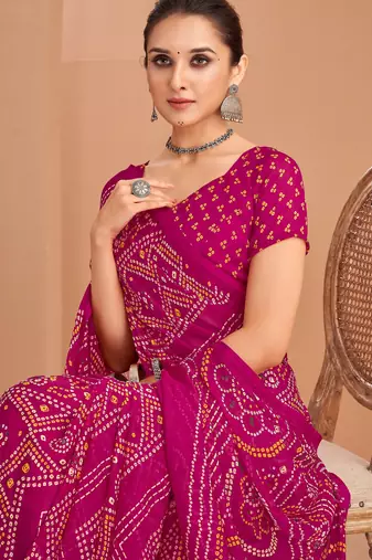 Pink bandhani print soft chiffon traditional saree with unstitch blouse