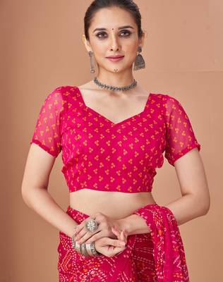 Pink bandhani print soft chiffon traditional saree with unstitch blouse 3