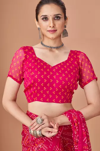 Pink bandhani print soft chiffon traditional saree with unstitch blouse