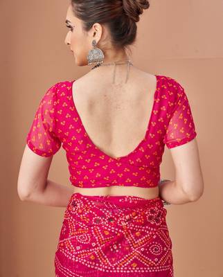 Pink bandhani print soft chiffon traditional saree with unstitch blouse 4