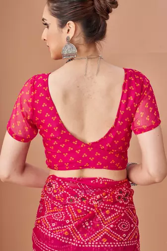 Pink bandhani print soft chiffon traditional saree with unstitch blouse