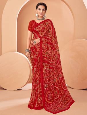 Red bandhani print soft chiffon traditional saree with unstitch blouse 1