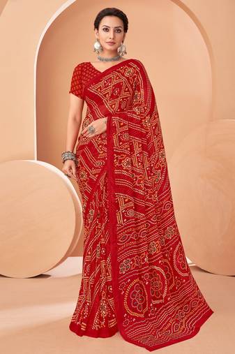 Red bandhani print soft chiffon traditional saree with unstitch blouse